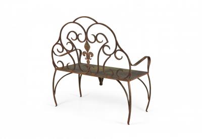 Jan Barboglio Mexican Modern Style Wrought Iron Outdoor Fleur de Lis Crest Bench