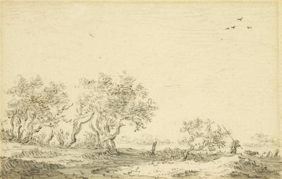 Jan van Goyen Landscape with Trees and a Fisherman walking a drawing by Jan Van Goyen