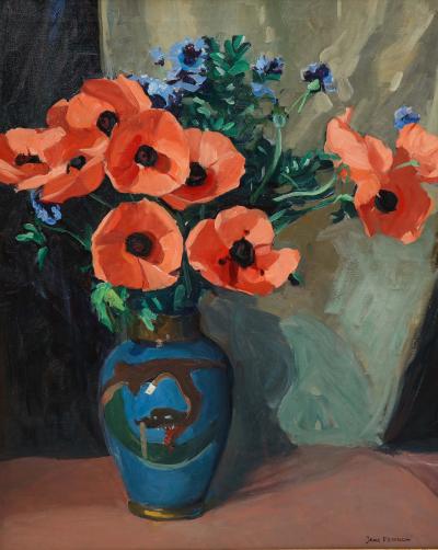 Jane Peterson Oriental Poppies Blue Chinese Vase