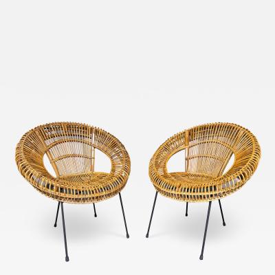 Janine Abrahams Mid Century Modern Pair of Rattan Bucket Armchairs Italy 1950s