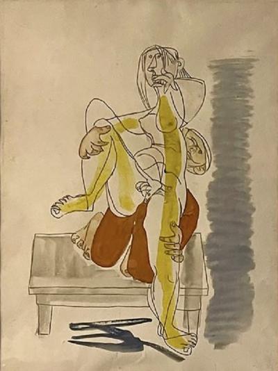 Jankel Adler Jankel Adler Erotic Work on Paper of a Couple on a Bench Graphite and Gouache