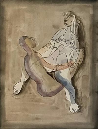 Jankel Adler Jankel Adler Erotic Work on Paper of a Seated Couple Graphite and Gouache