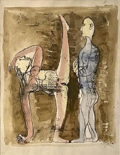 Jankel Adler Jankel Adler Erotic Work on Paper of a Standing Couple Monotype and Gouache