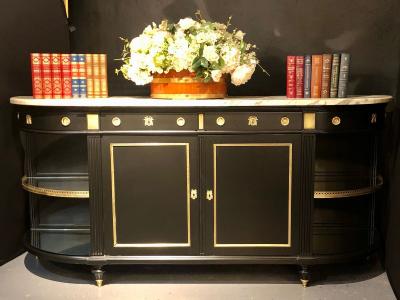 Jansen Hollywood Regency Sideboard Console Ebony w Marble Top and Bronze Deco