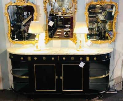 Jansen Hollywood Regency Sideboard Console Ebony w Marble Top and Bronze Deco