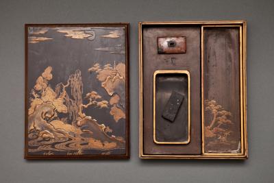 Japanese 18th Century Lacquer Writing Box with Intricate Moonlit Landscape
