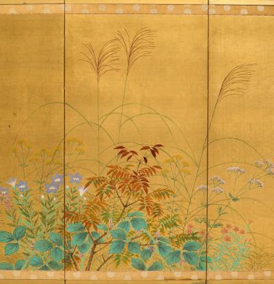 Japanese 4 Panel Gouache and Gold Leaf Painted Screen