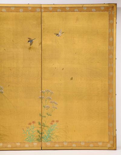 Japanese 4 Panel Gouache and Gold Leaf Painted Screen