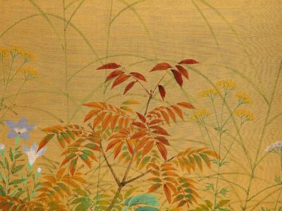 Japanese 4 Panel Gouache and Gold Leaf Painted Screen