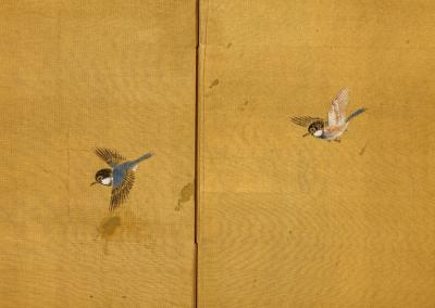 Japanese 4 Panel Gouache and Gold Leaf Painted Screen