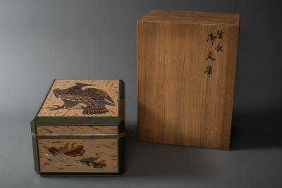 Japanese Antique Lacquer Document Box with Elaborate Hawk and Faux Oak Grain