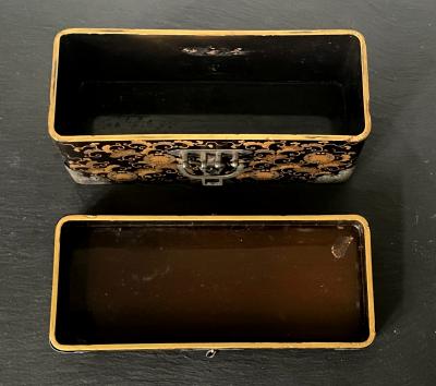 Japanese Antique Lacquer Maki E Miniature Hasami Bako with Copper Mounts