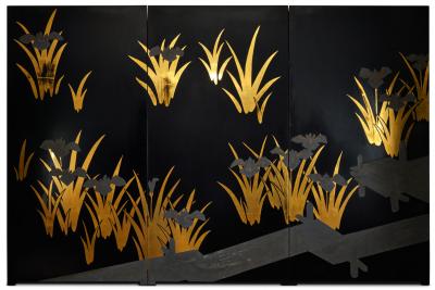 Japanese Black Lacquer Screen Korin Subject of Footbridge Over Irises