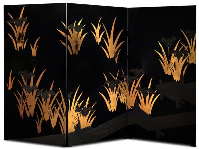 Japanese Black Lacquer Screen Korin Subject of Footbridge Over Irises