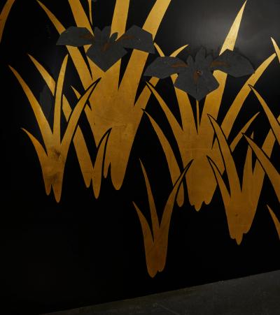 Japanese Black Lacquer Screen Korin Subject of Footbridge Over Irises