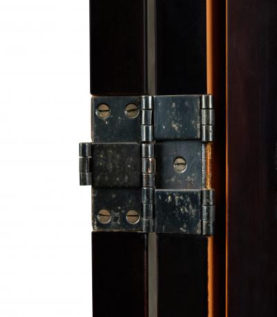 Japanese Black Lacquer Screen Korin Subject of Footbridge Over Irises