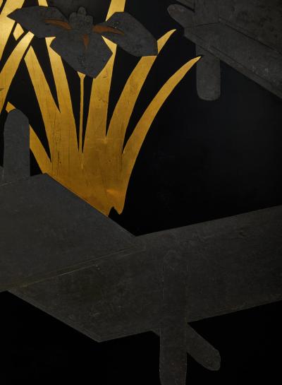 Japanese Black Lacquer Screen Korin Subject of Footbridge Over Irises