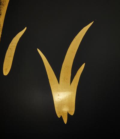 Japanese Black Lacquer Screen Korin Subject of Footbridge Over Irises