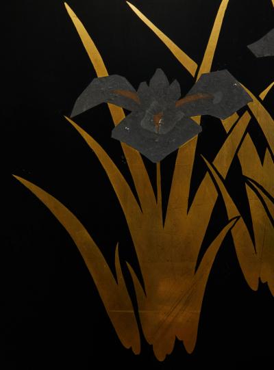Japanese Black Lacquer Screen Korin Subject of Footbridge Over Irises