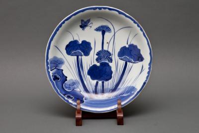 Japanese Blue and White Imari Plate with Lotus and Butterfly Design