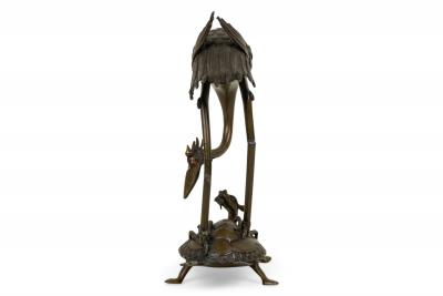 Japanese Bronze Buddhist Turtle and Heron Figurine