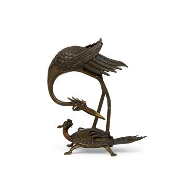 Japanese Bronze Buddhist Turtle and Heron Figurine