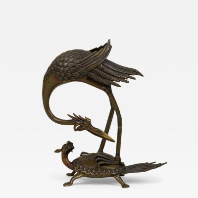 Japanese Bronze Buddhist Turtle and Heron Figurine