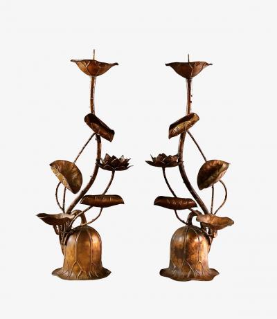 Japanese Bronze Candle Stands Lotus Design Mid Showa Era 1960s