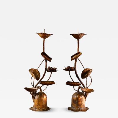 Japanese Bronze Candle Stands Lotus Design Mid Showa Era 1960s