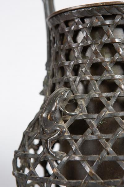 Japanese Bronze Ikebana Flower Arranging Vase with Frog