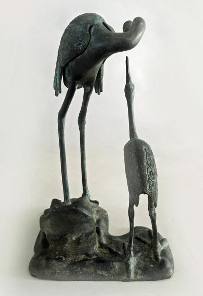 Japanese Bronze Sculpture Pair of Cranes