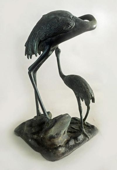 Japanese Bronze Sculpture Pair of Cranes