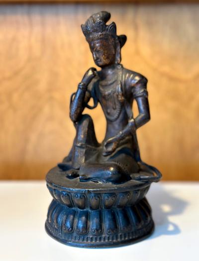 Japanese Bronze Statue Nyoirin Kannon on Lotus Throne