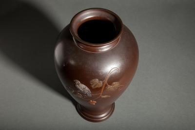 Japanese Bronze Vase with Finch on Grape Vine