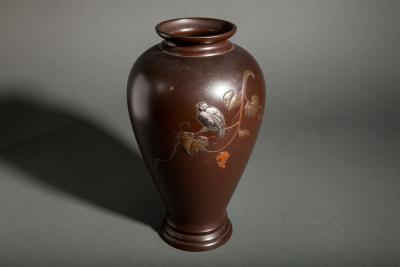 Japanese Bronze Vase with Finch on Grape Vine