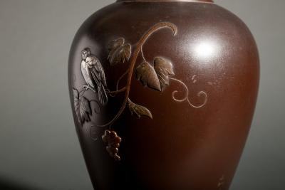 Japanese Bronze Vase with Finch on Grape Vine