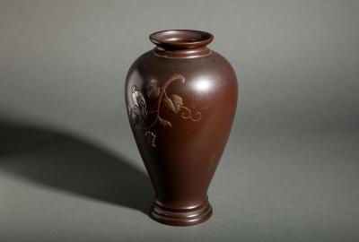 Japanese Bronze Vase with Finch on Grape Vine