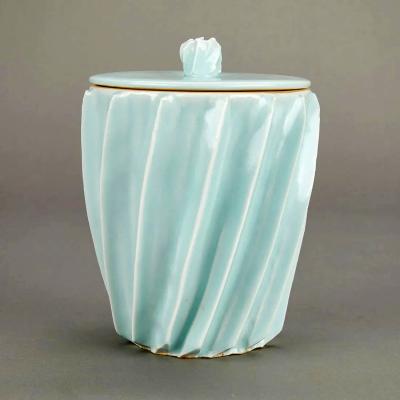 Japanese Celadon Lidded Vessel Mizusashi by Uichi Shimizu