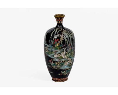 Japanese Cloisonn Enamel Vase Attributed to Hayashi Kodenji with Cranes