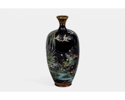 Japanese Cloisonn Enamel Vase Attributed to Hayashi Kodenji with Cranes