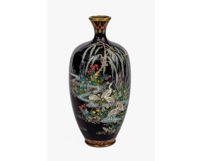 Japanese Cloisonn Enamel Vase Attributed to Hayashi Kodenji with Cranes
