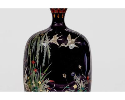 Japanese Cloisonn Enamel Vase Attributed to Hayashi Kodenji with Cranes