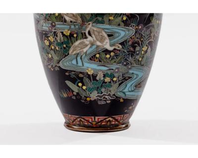 Japanese Cloisonn Enamel Vase Attributed to Hayashi Kodenji with Cranes