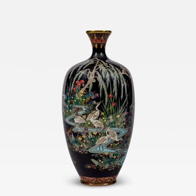 Japanese Cloisonn Enamel Vase Attributed to Hayashi Kodenji with Cranes