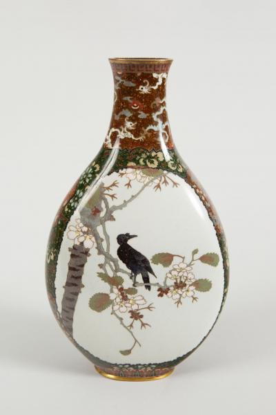 Japanese Cloisonn Vase with Raven and Waterfowl