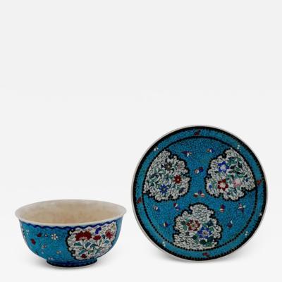 Japanese Cloisonne Meiji Totai Enamel On Porcelain Bowl Plate Set