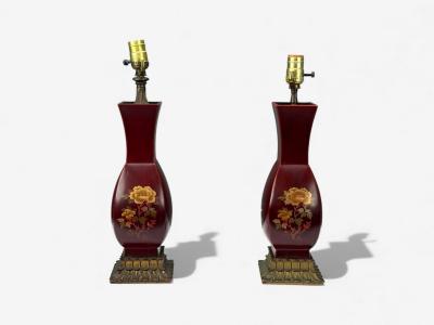 Japanese Copper Lacquered Metal Brass Maruni Vase Table Lamps Japan 1960s