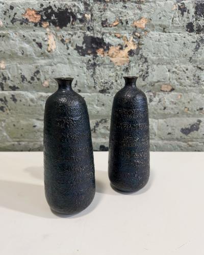Japanese Craftsman Bronze Vases Black Volcanic Patinated Enamel Japan 1930s