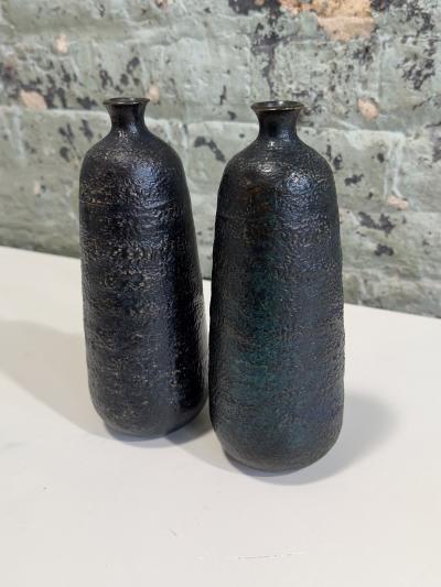 Japanese Craftsman Bronze Vases Black Volcanic Patinated Enamel Japan 1930s