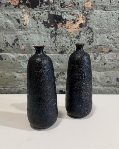 Japanese Craftsman Bronze Vases Black Volcanic Patinated Enamel Japan 1930s